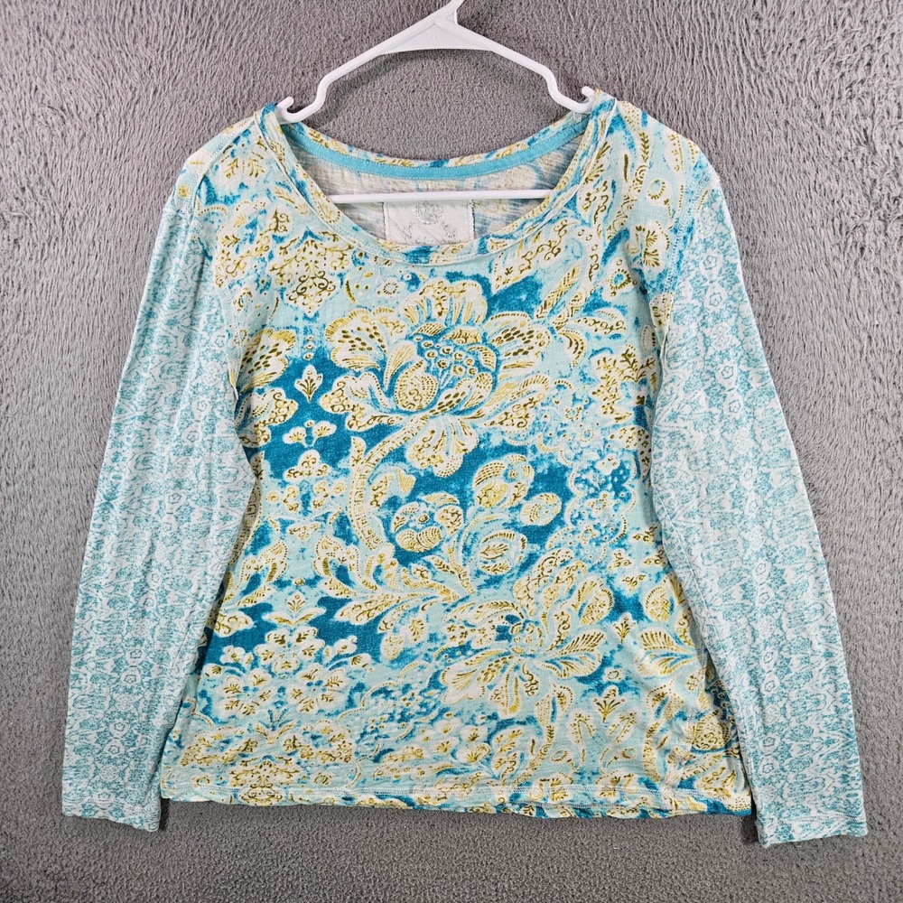 Cino Womens Blue Yellow Floral Paisley 100% Cotton Long Sleeve Top Large